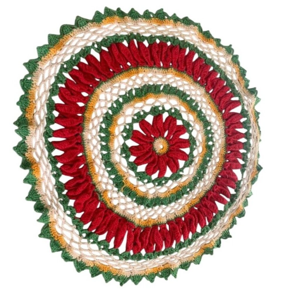 Vintage Hand-Crocheted Doily Cotton Red Green Yellow Round Decor Handmade 17 Inc